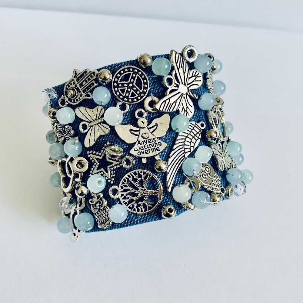 New Garell Handmade in USA Denim Bracelet with Charms & Beads– Boho Chic Jewelry